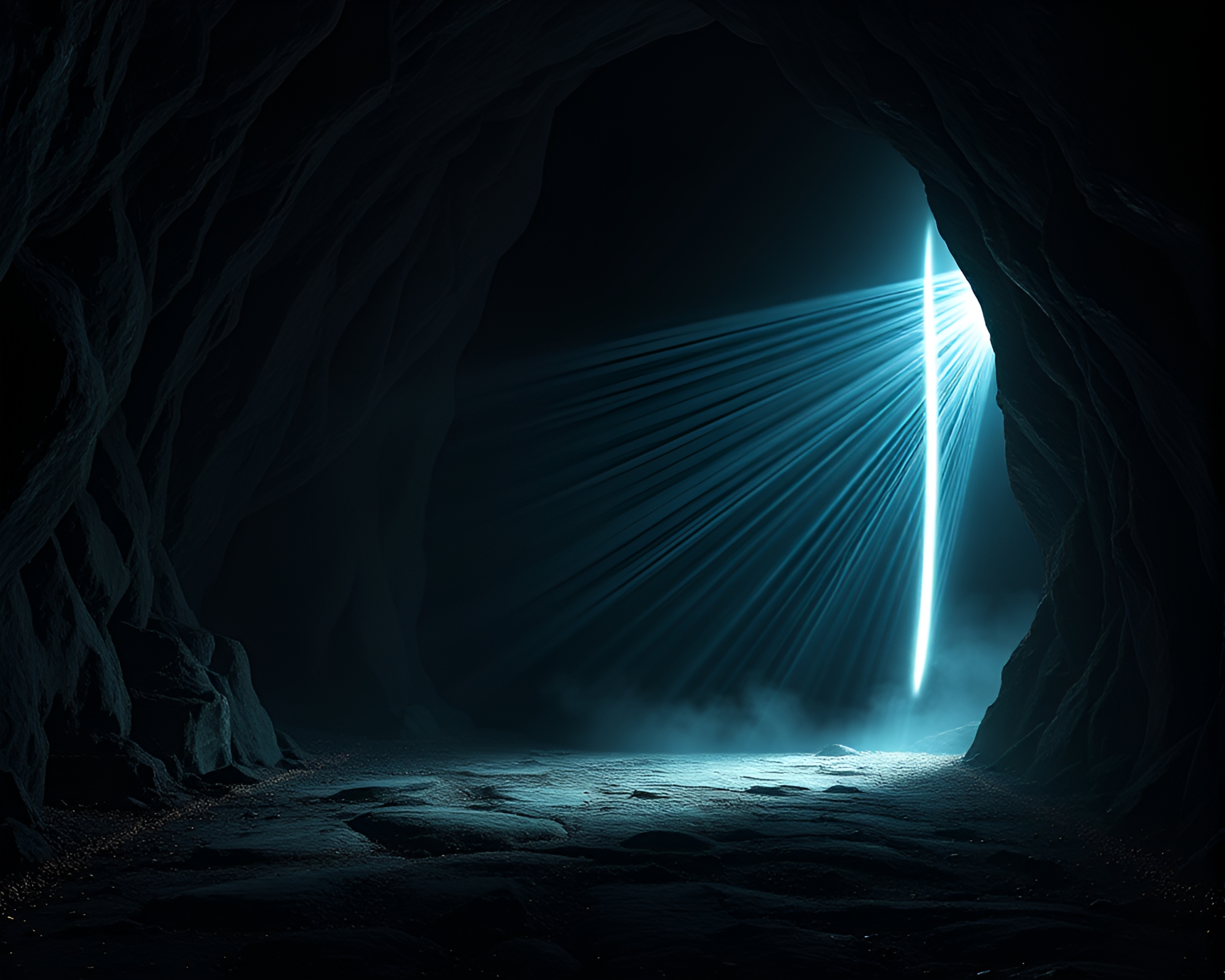Fiber Optic Samurai in Utopian Cave Entrance – free AI stock image