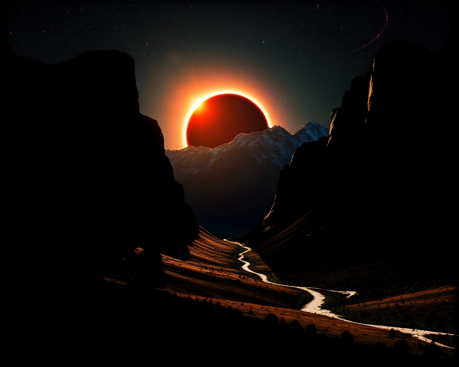 Surreal valley scene with glitchy eclipse shadow and fractal patterns