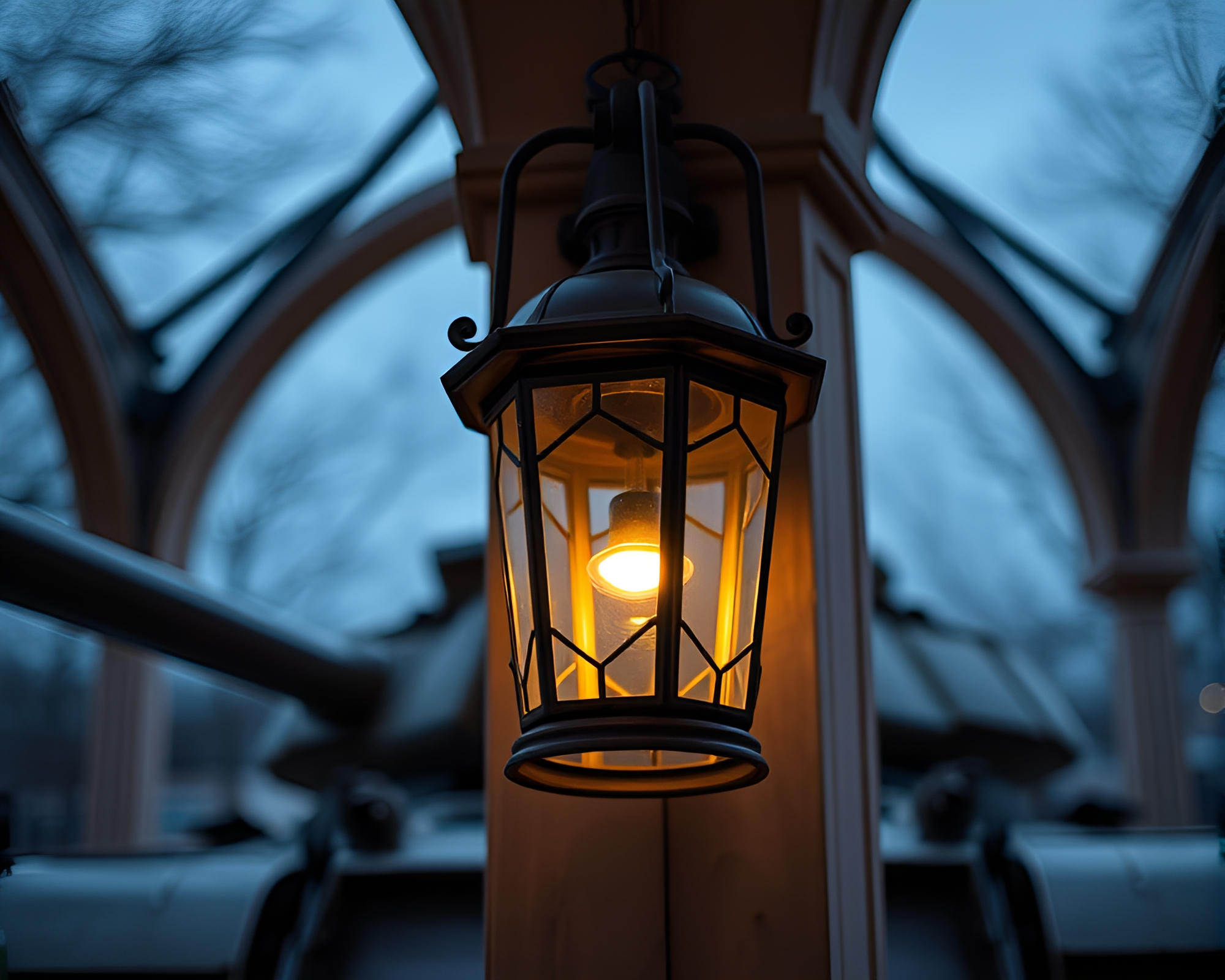 Armored tank under lantern-light architectural frame – free AI stock image