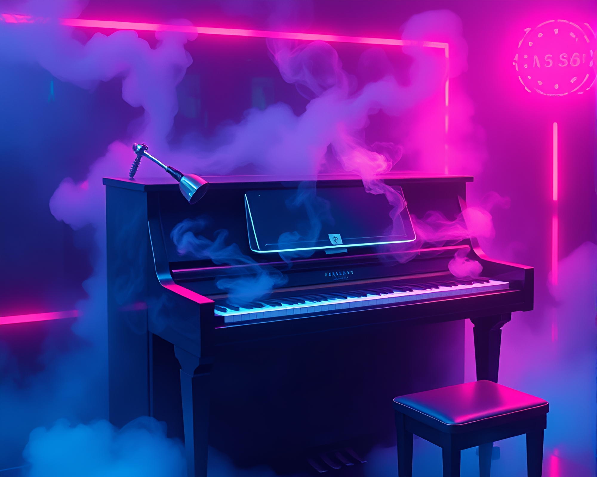 Cyberpunk Piano emitting Bioluminescent Vapor – free AI stock image