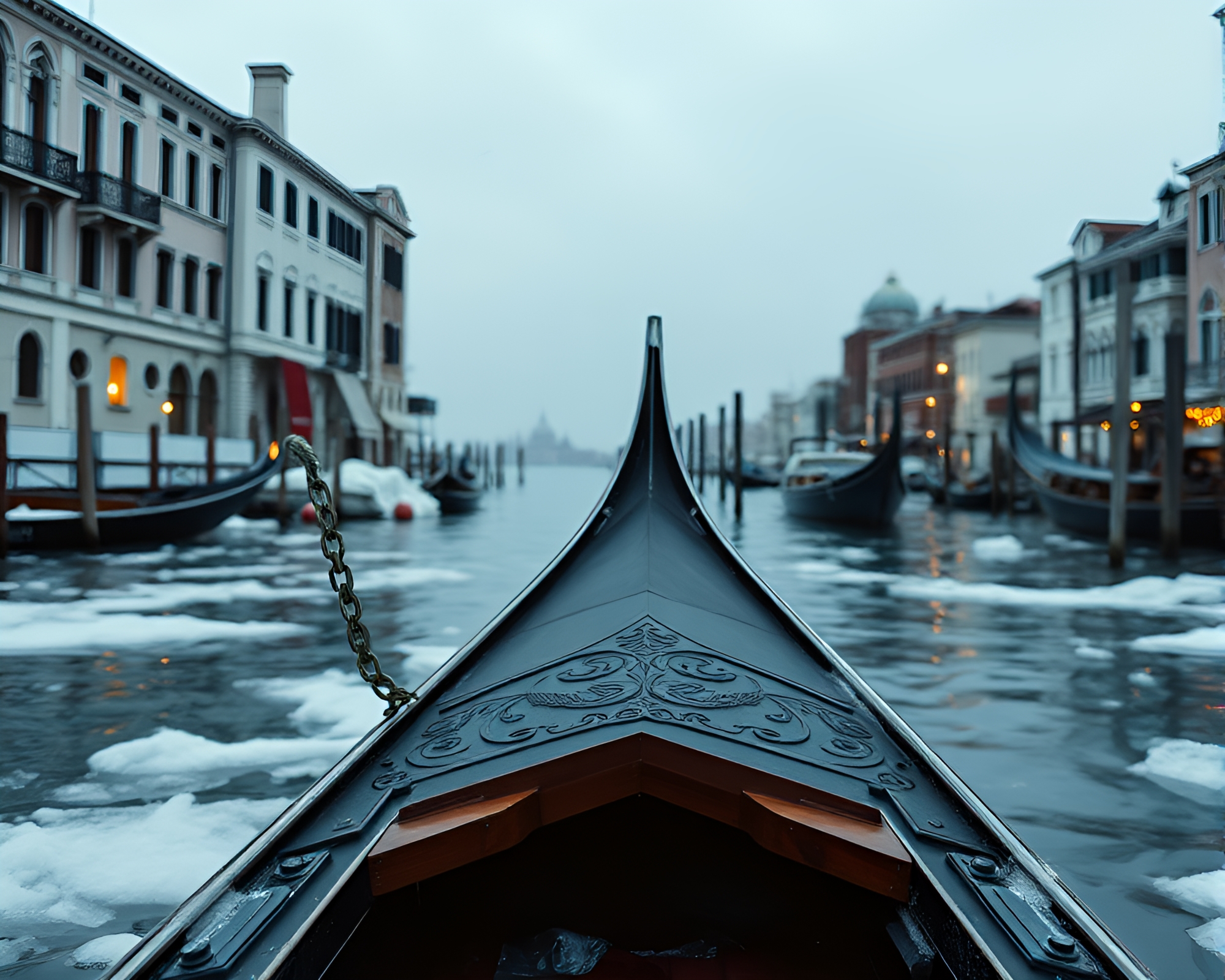 Venetian Gondola in Arctic Whiteout Vaporwave Scene – free AI stock image