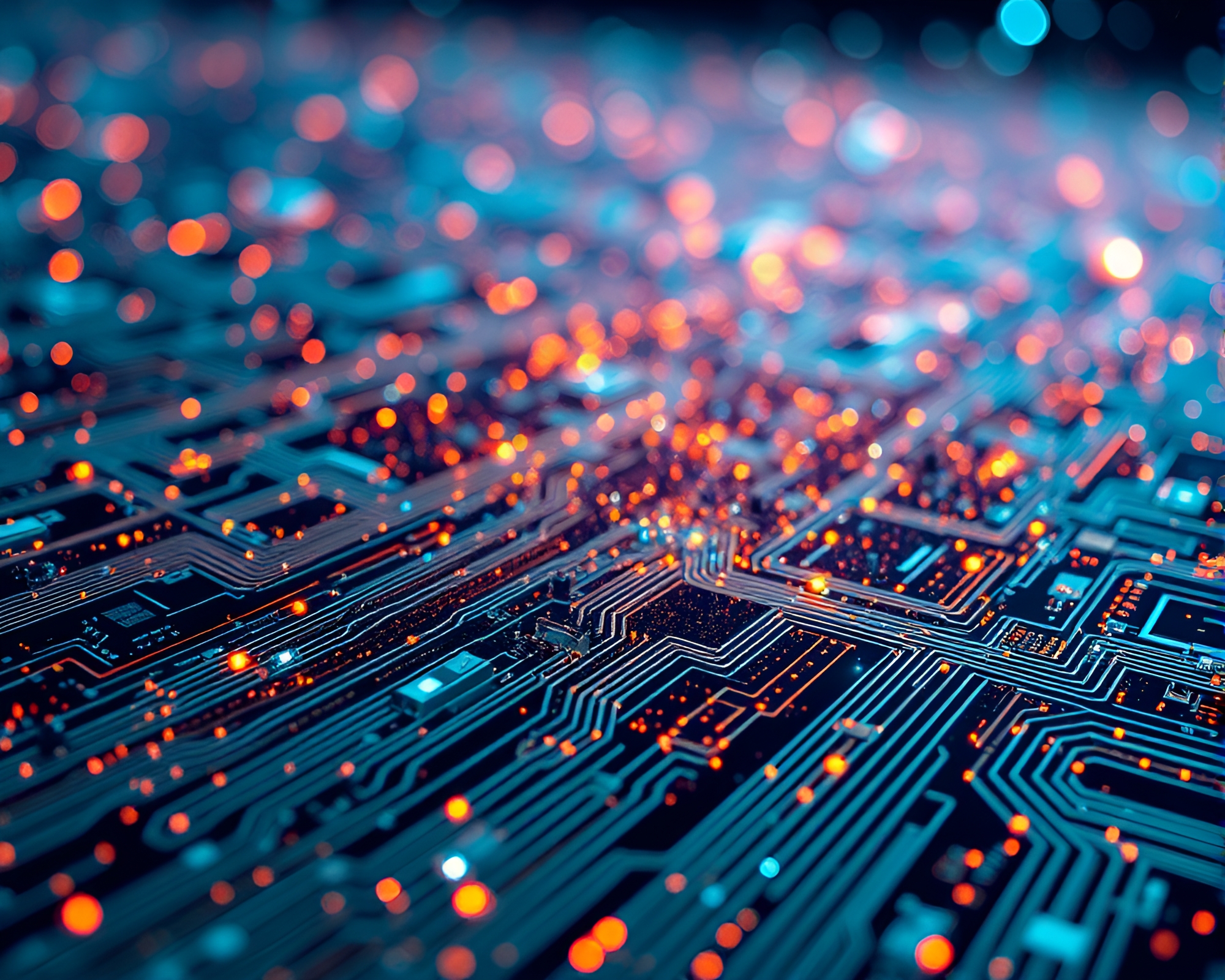 Virtual Cityscape with Glitter Dust over Circuit Board Traces – free AI stock image