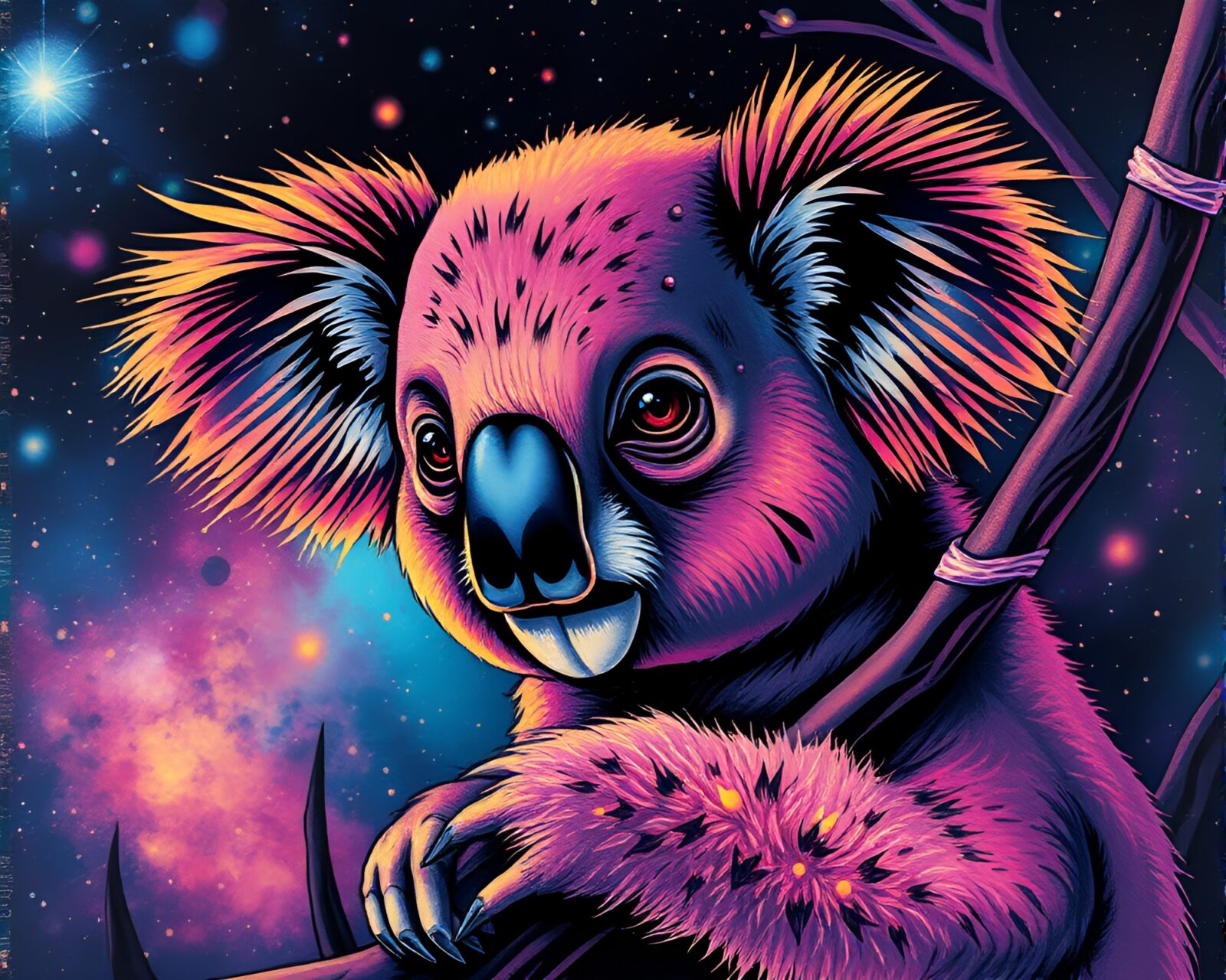 Technical illustration of a koala surrounded by cosmic hues