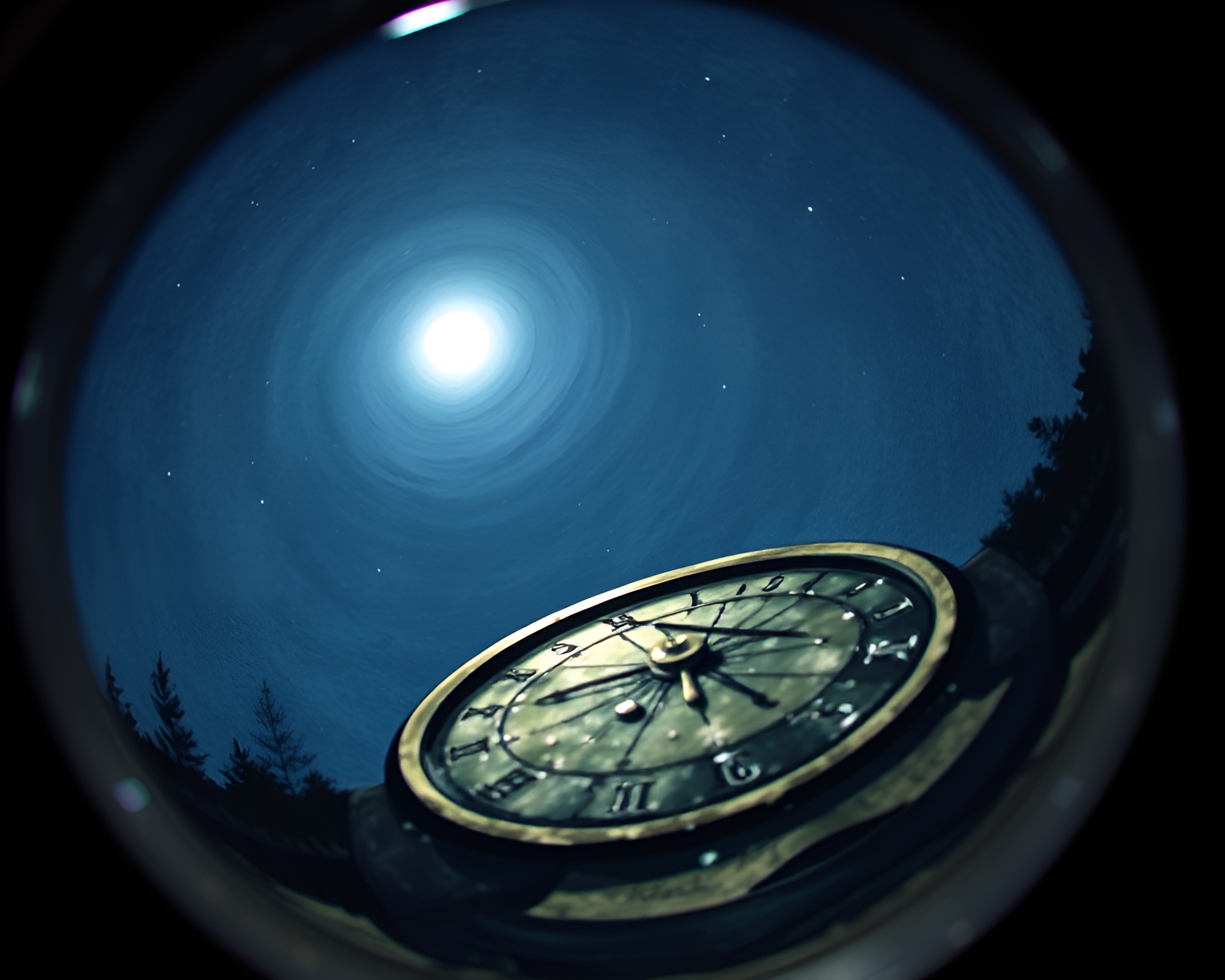 Mystical Moonlit Pocket Sundial: Sumi-e Night View – free AI stock image