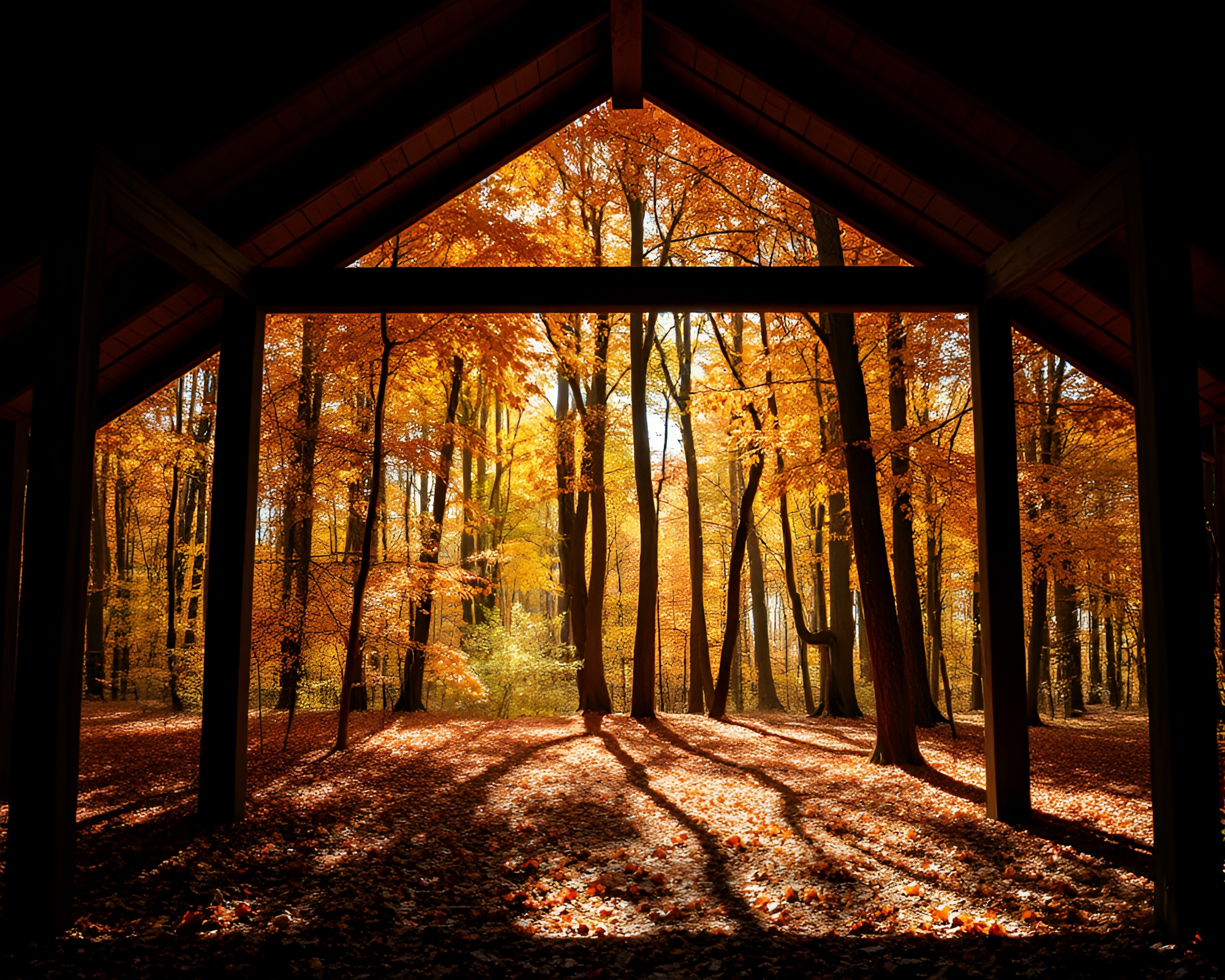 Enchanted Autumn Forest with Off-Center Mystery – free AI stock image