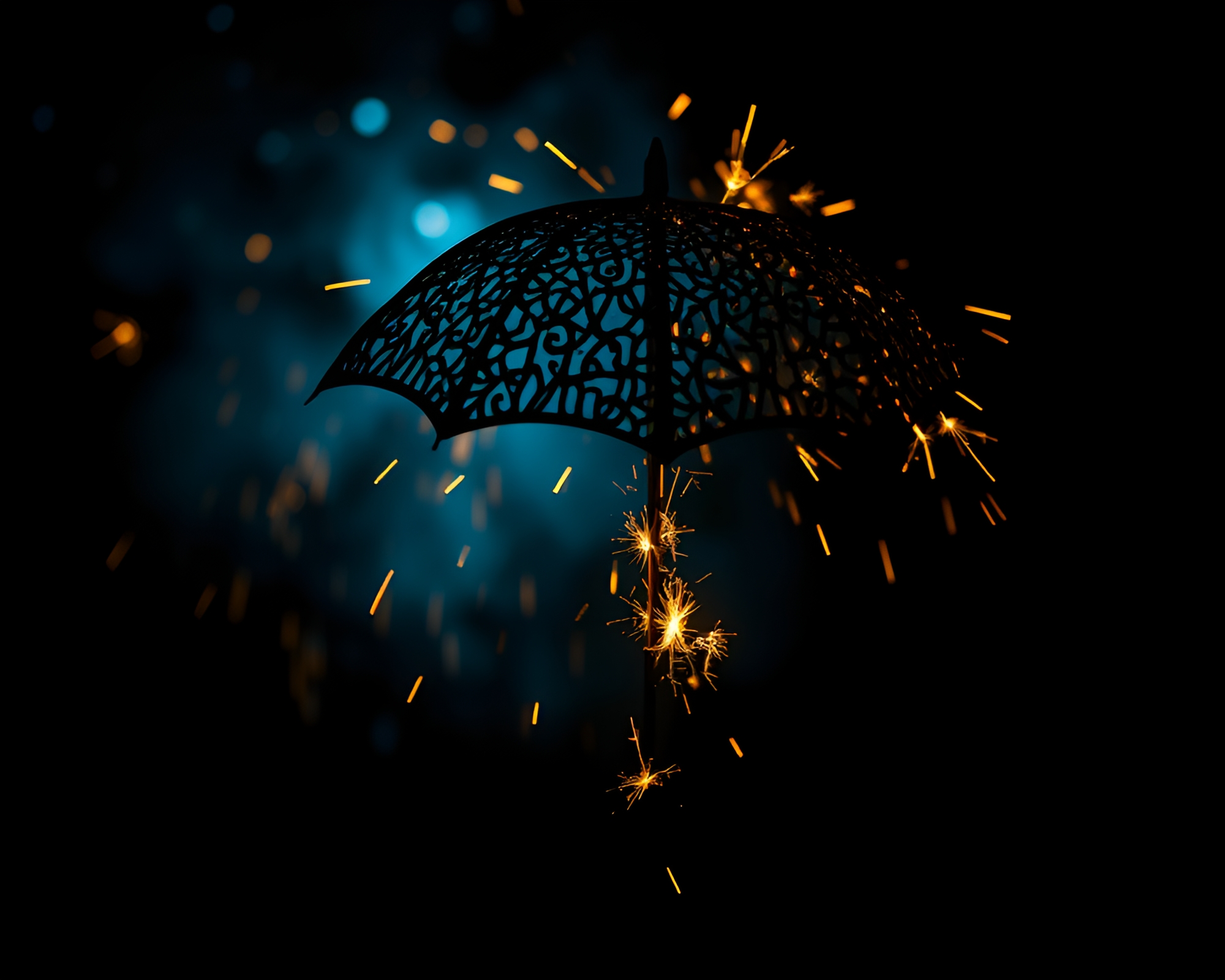 Dramatic Umbrella Sparkler Trails Composition – free AI stock image
