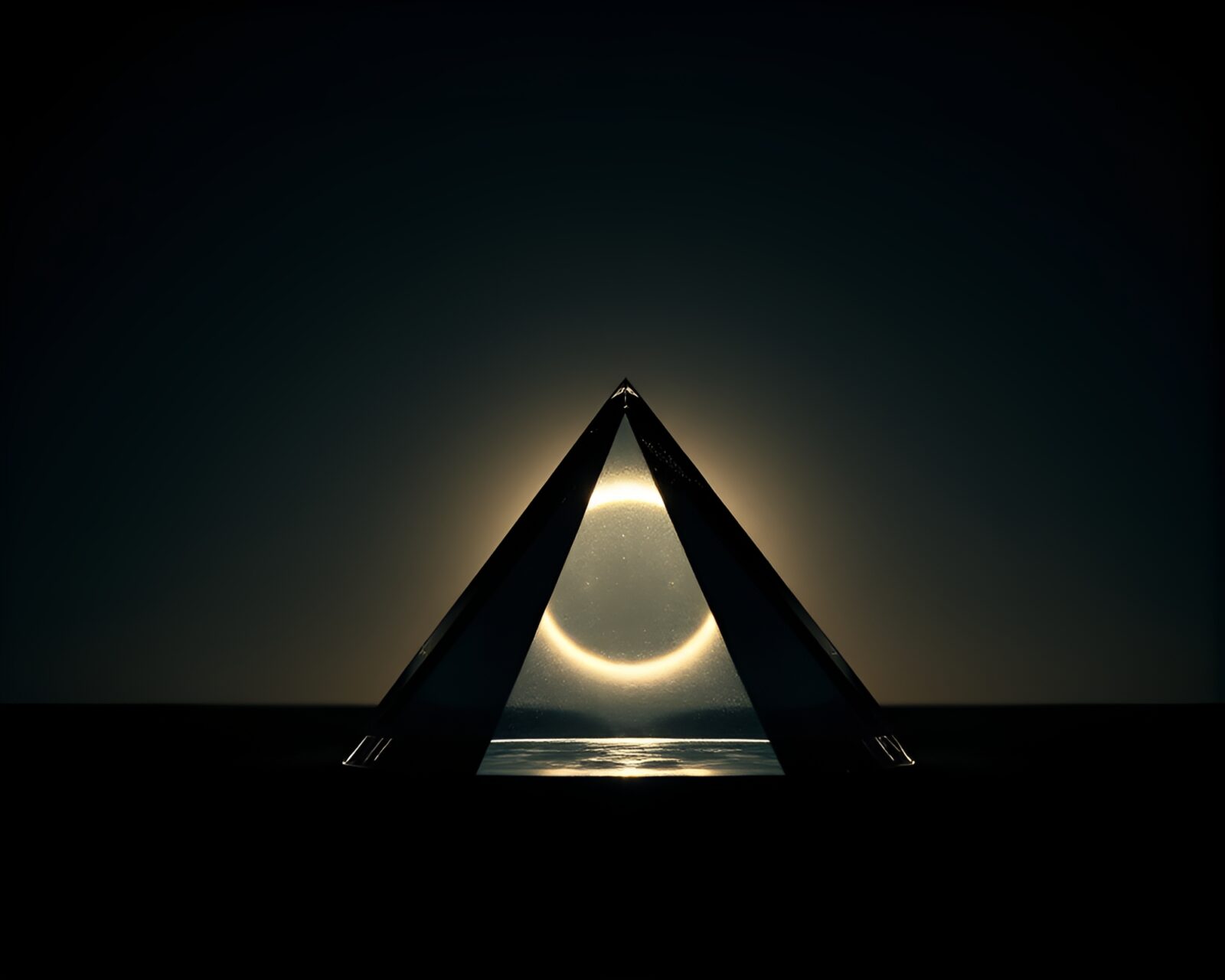 Wide shot of a glass pyramid under a shadowy eclipse