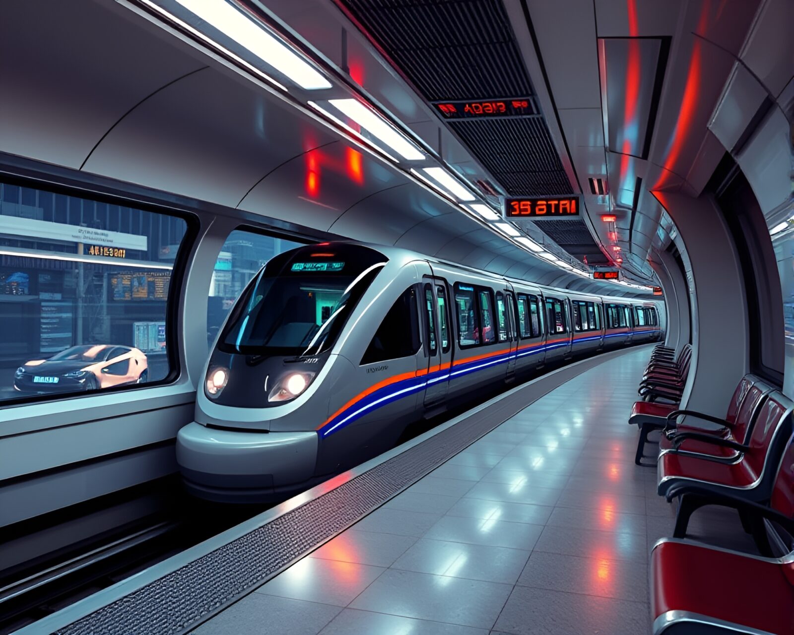 Vibrant monorail surrounded by pixelated skyscrapers in HDR lighting