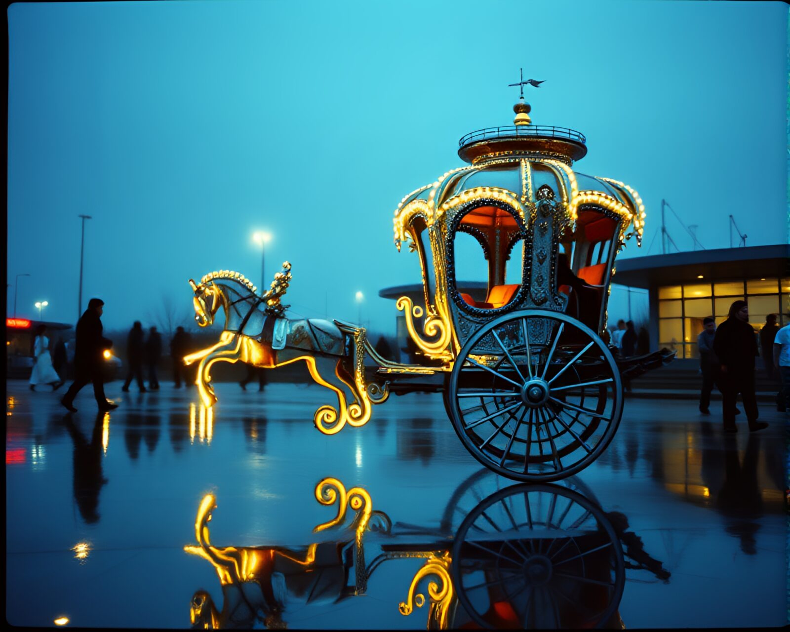 Grainy film mood showing a reflective chrome chariot sculpture.