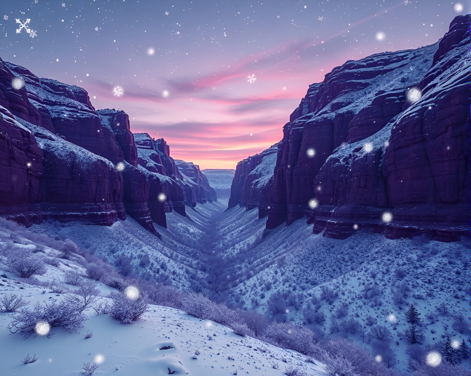 Generative art of snowflakes in pink and purple canyons