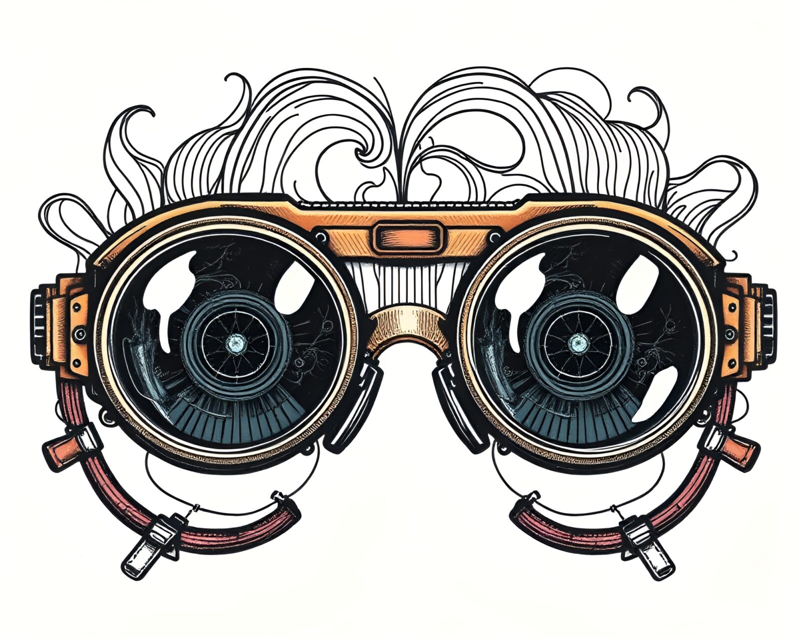 Intricate etched lines on mystical steampunk goggles surrounded by organic shapes
