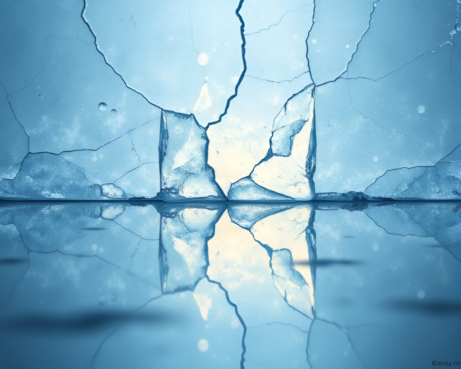 Cracked ice reflecting surreal baguette in sapphire light