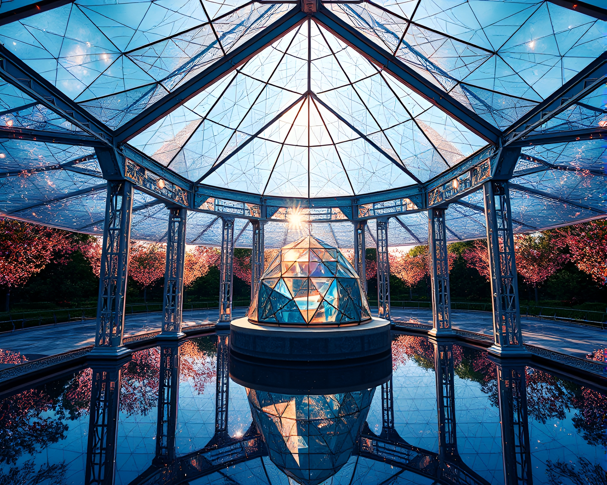 Floating Prism Pavilion with Mosaic Texture Overlay – free AI stock image