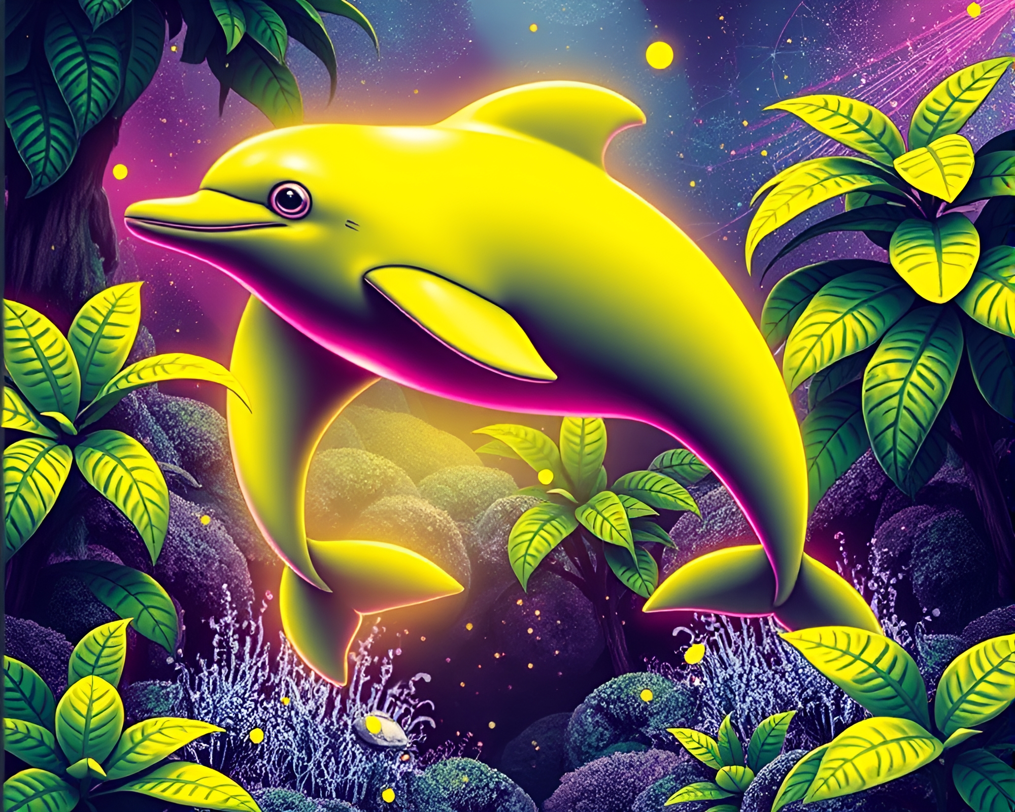 Synthwave Dolphin in Lemon Yellow Mist – free AI stock image