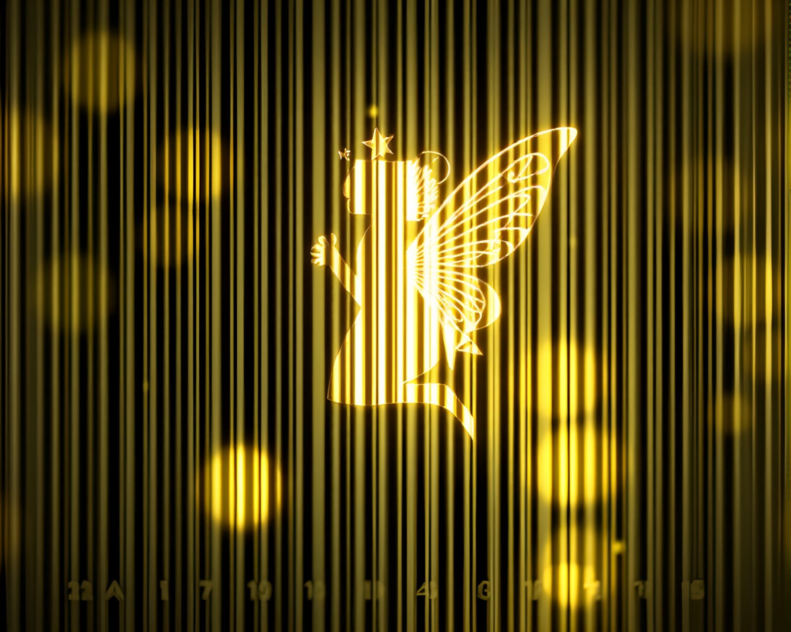 Enchanting fairy surrounded by barcode stripes under mystical lighting