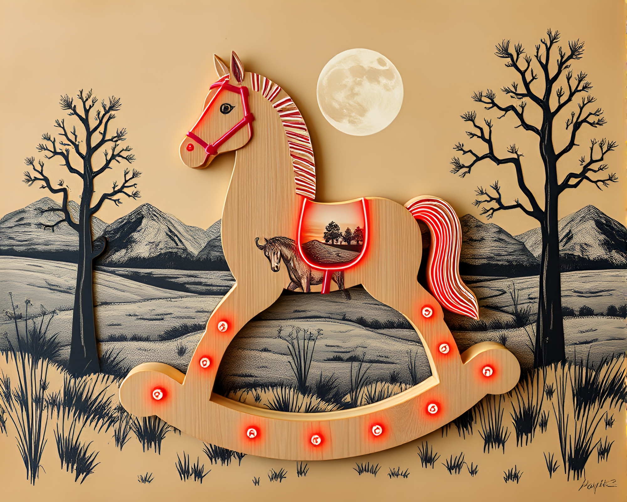 Neon Collage: Rocking Horse Landscape Etching – free AI stock image