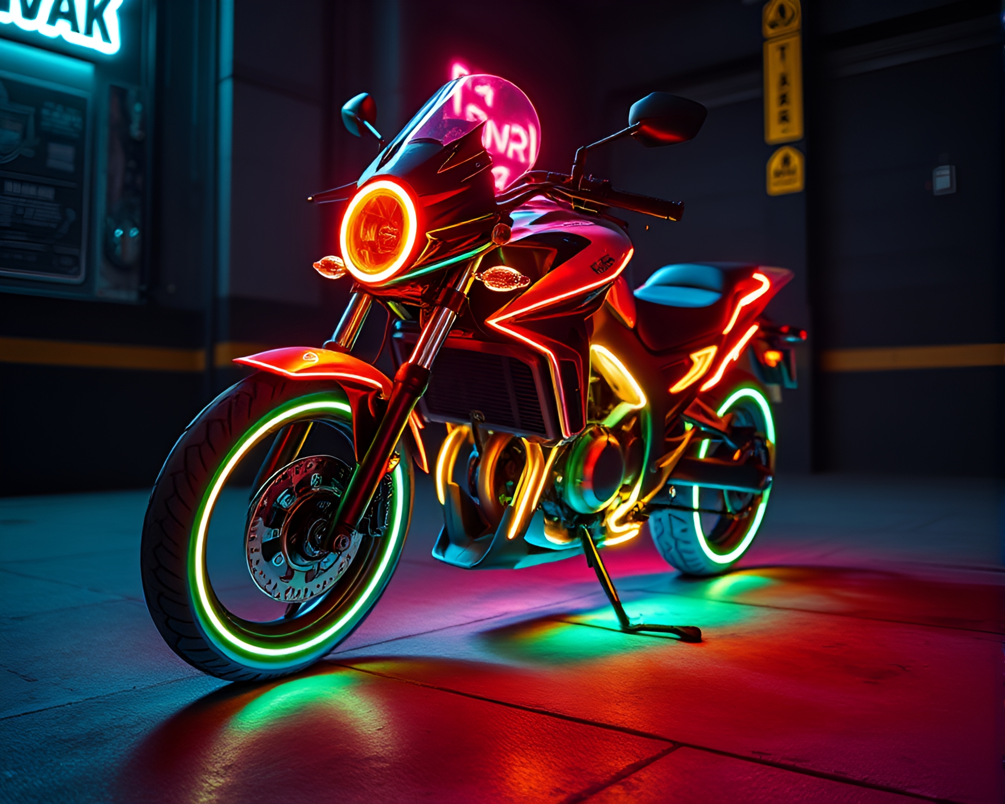 Neon Motorcycle Illuminated in Night Photogrammetry Scene – free AI stock image