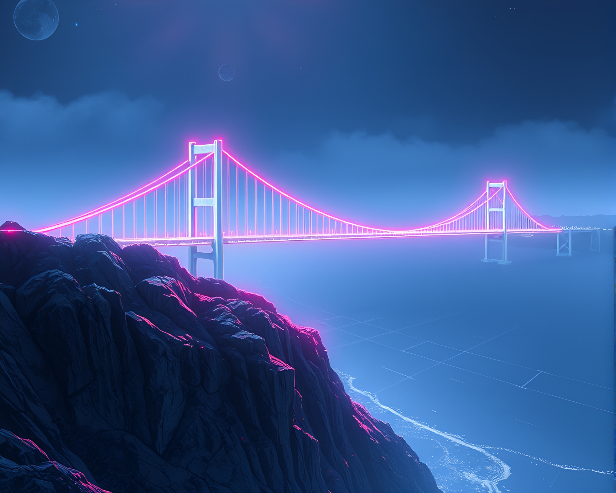 Neon Wireframe Glass Bridge on Cliffside Shadow Anime Art – free AI stock image