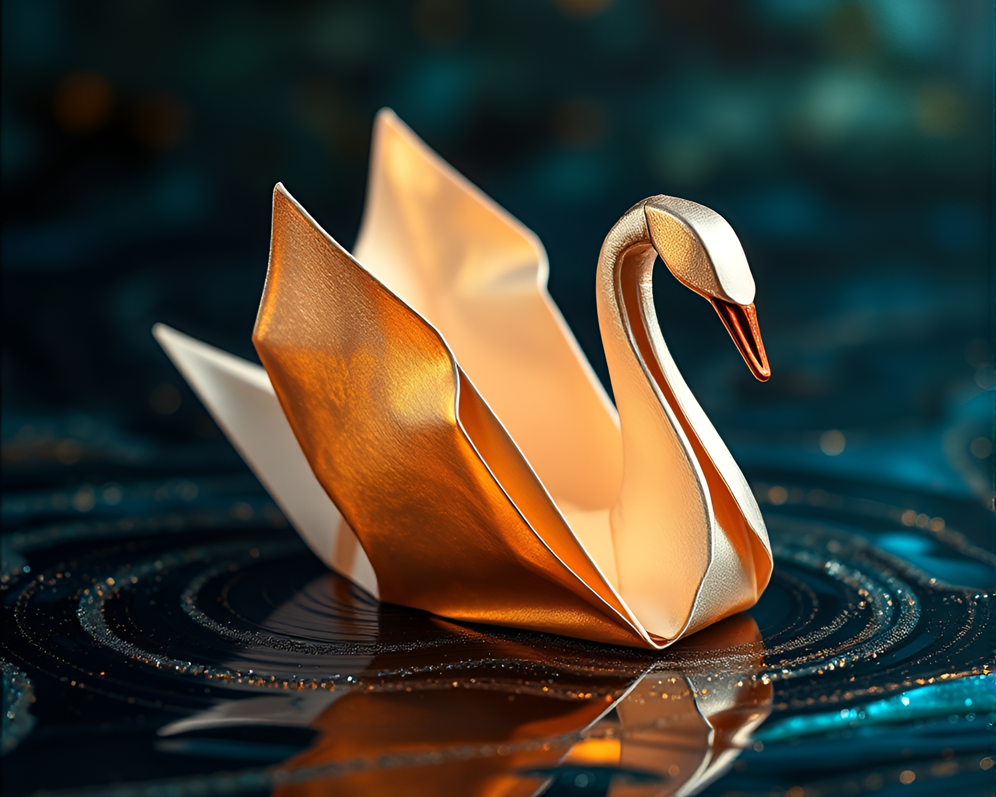 Metallic Origami Swan Close-Up Fresco Painting – free AI stock image