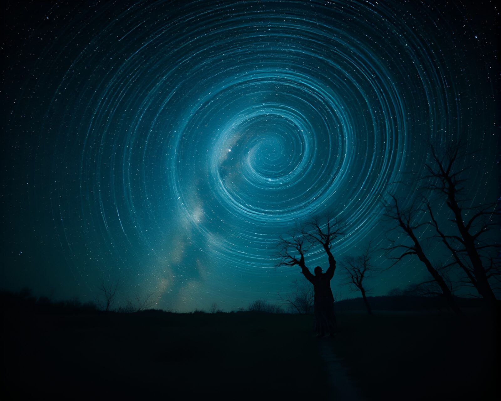 Dark and eerie portrait amidst swirling Milky Way galaxy