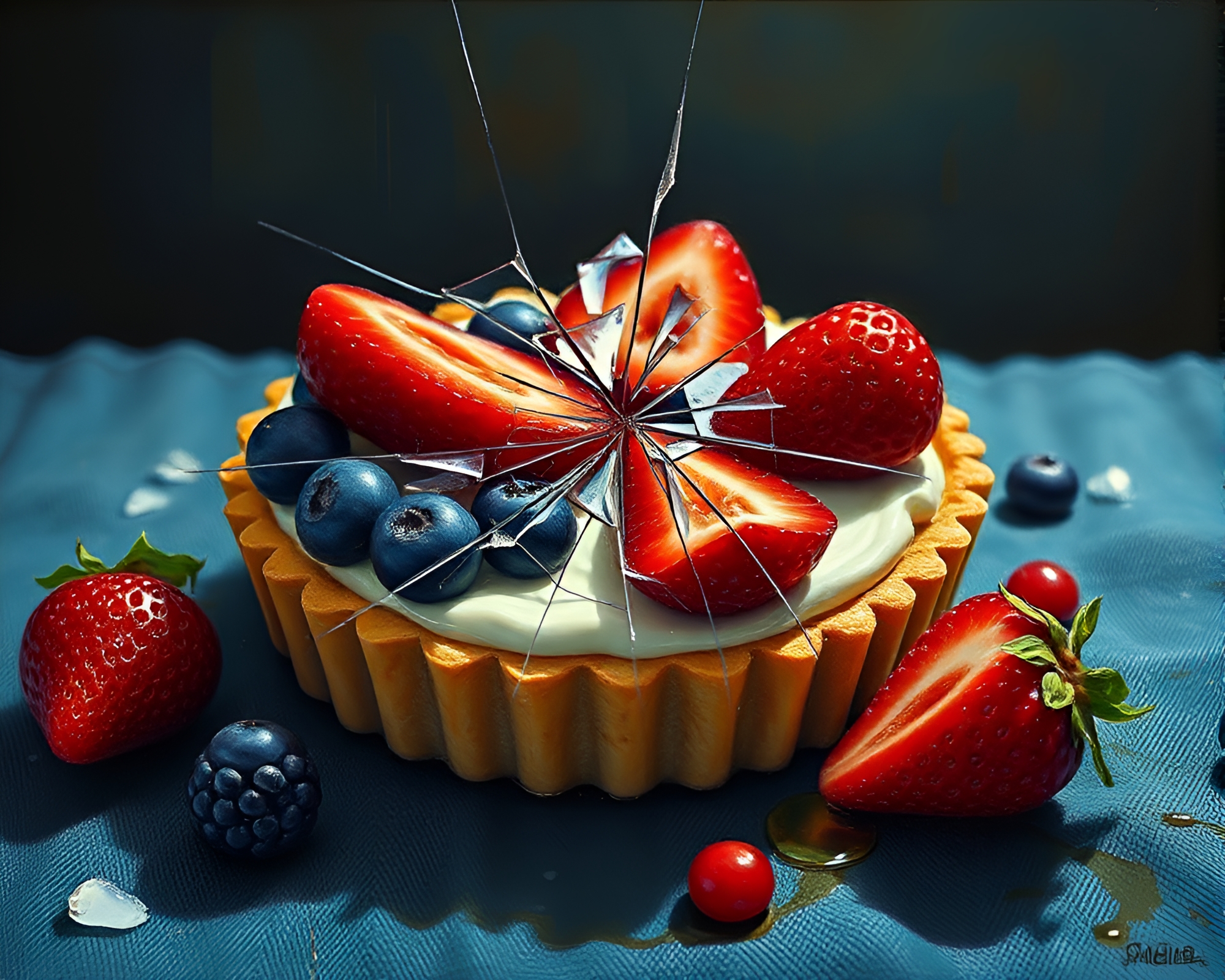 Broken Glass Reflection of Fruit Tart in Denim Hue – free AI stock image