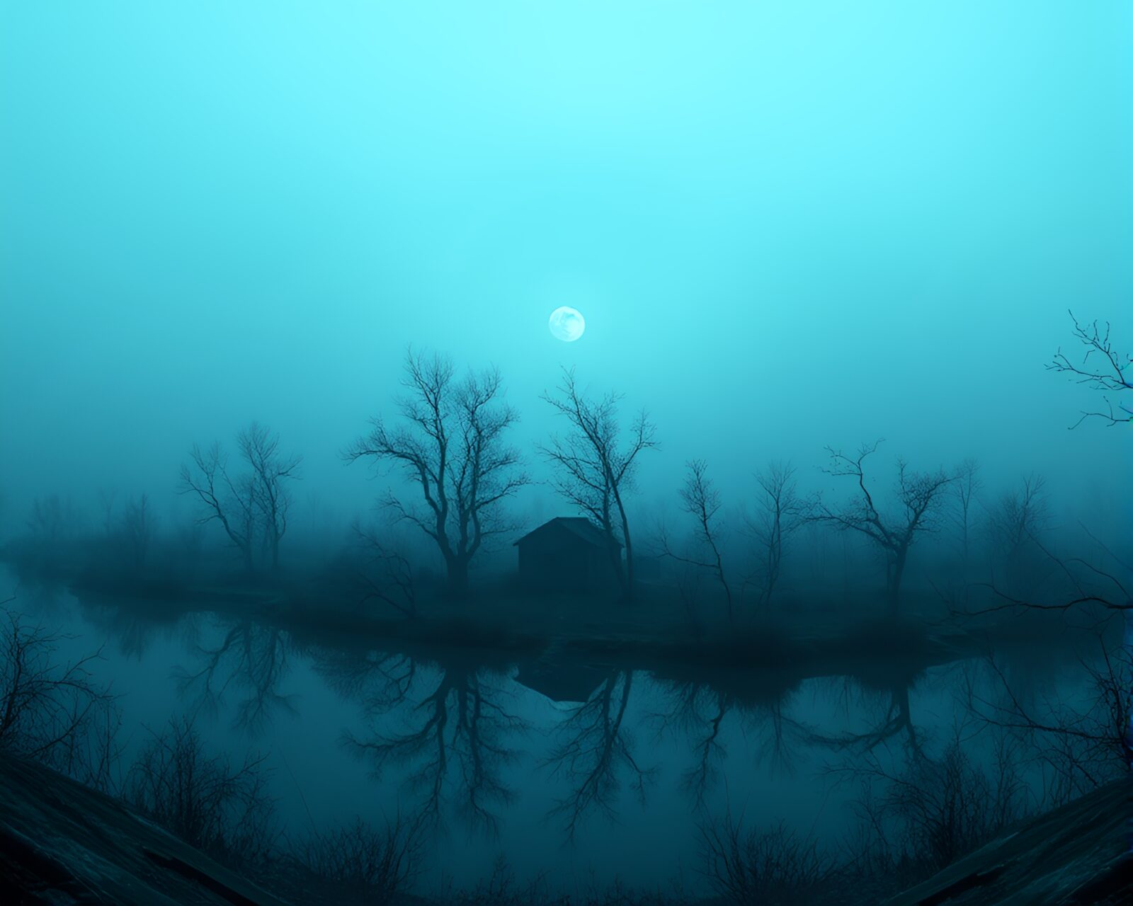 Detailed crosshatch shaded image of a haunted mirror in ice-blue light