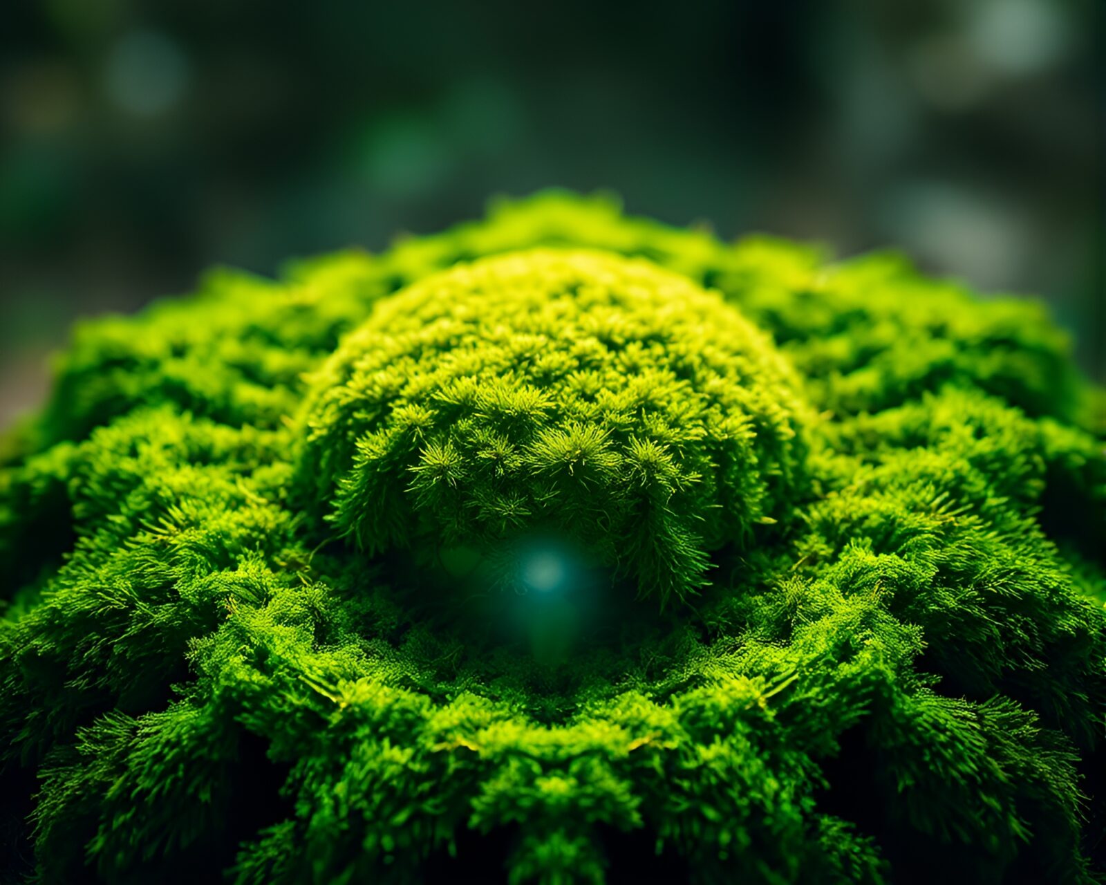 Kaleidoscope of mint green moss with lens flare rays