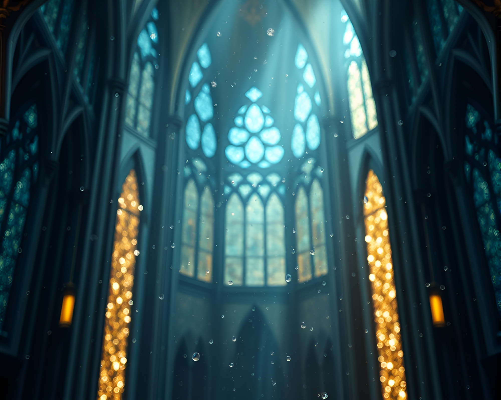 Floating Crystal Dew Drops in Cathedral Stained Light – free AI stock image