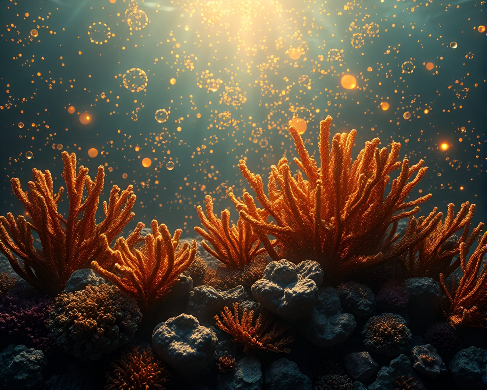 Majestic underwater scene with dazzling golden accents and copper hues