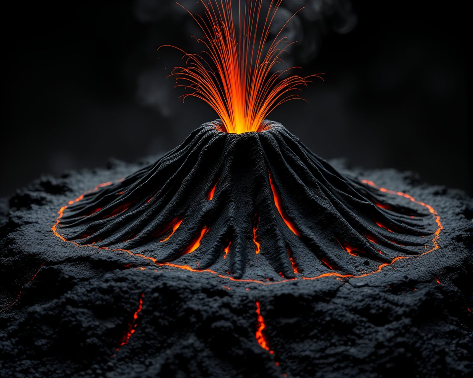 Eerie stop-motion depiction of black volcanic crater with glowing fiber optics