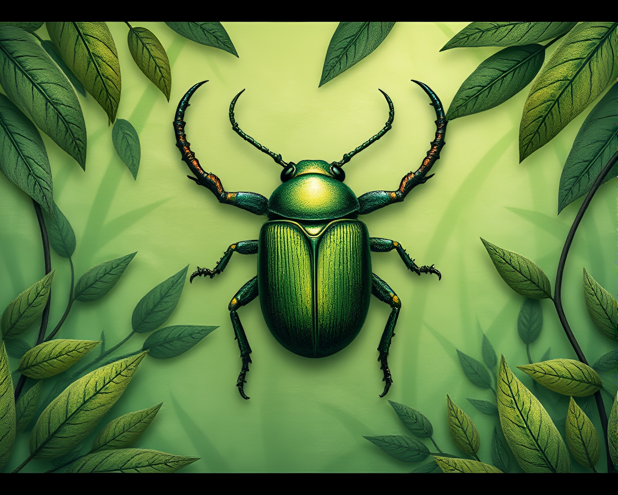 Steampunk Beetle Amid Paper Textures in Rainforest Green Haze – free AI stock image