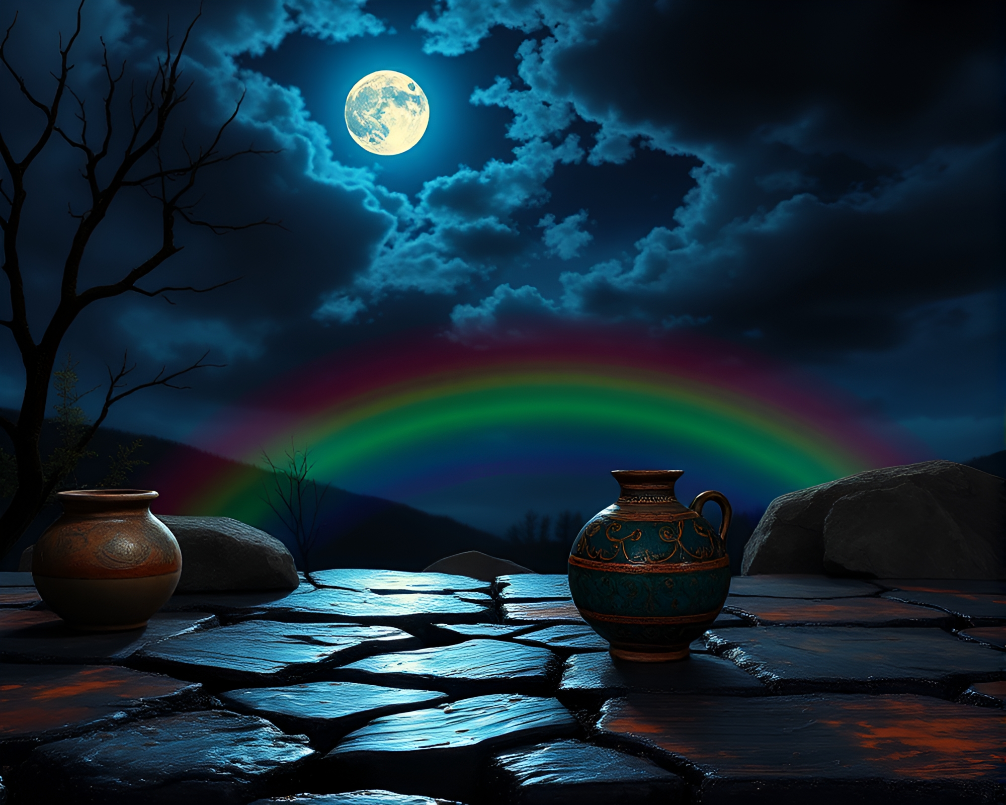 Moonlit Rustic Pottery with Oil Slick Rainbow Reflection – free AI stock image