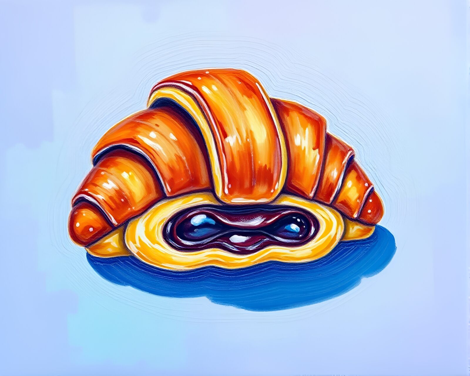 Colorful gouache painting of a luminous croissant with scan lines