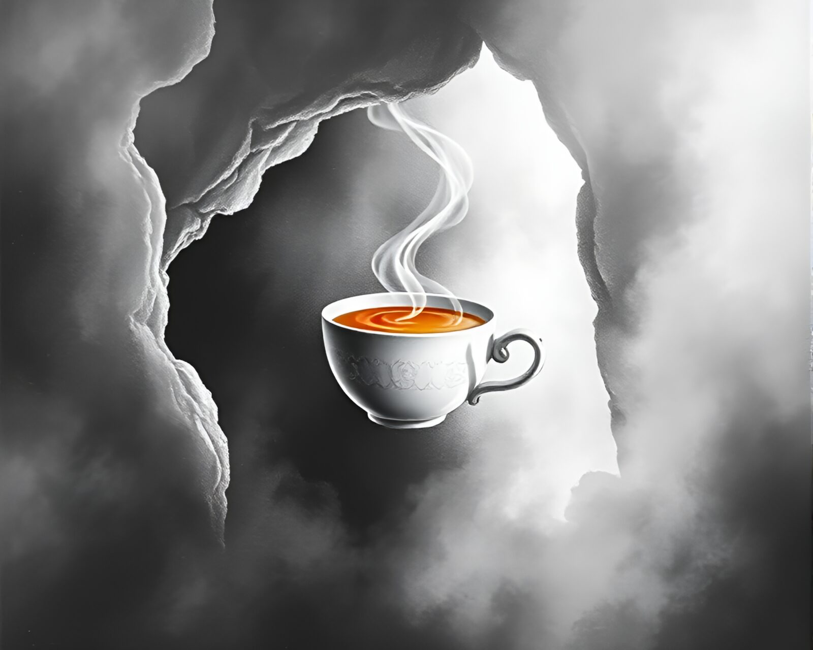Floating tea cup in misty cave drawn in chalk