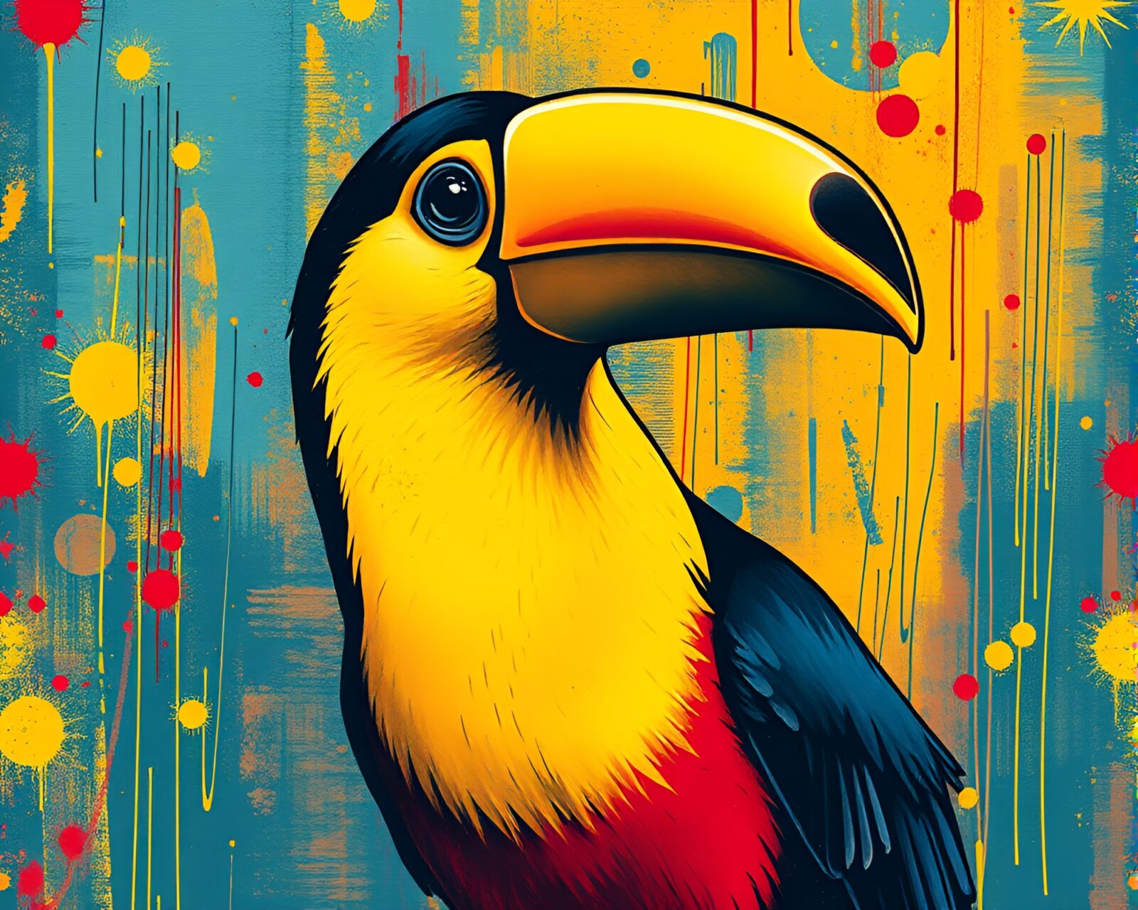 Colorful Toucan mural with spray paint graffiti on stitched pattern background