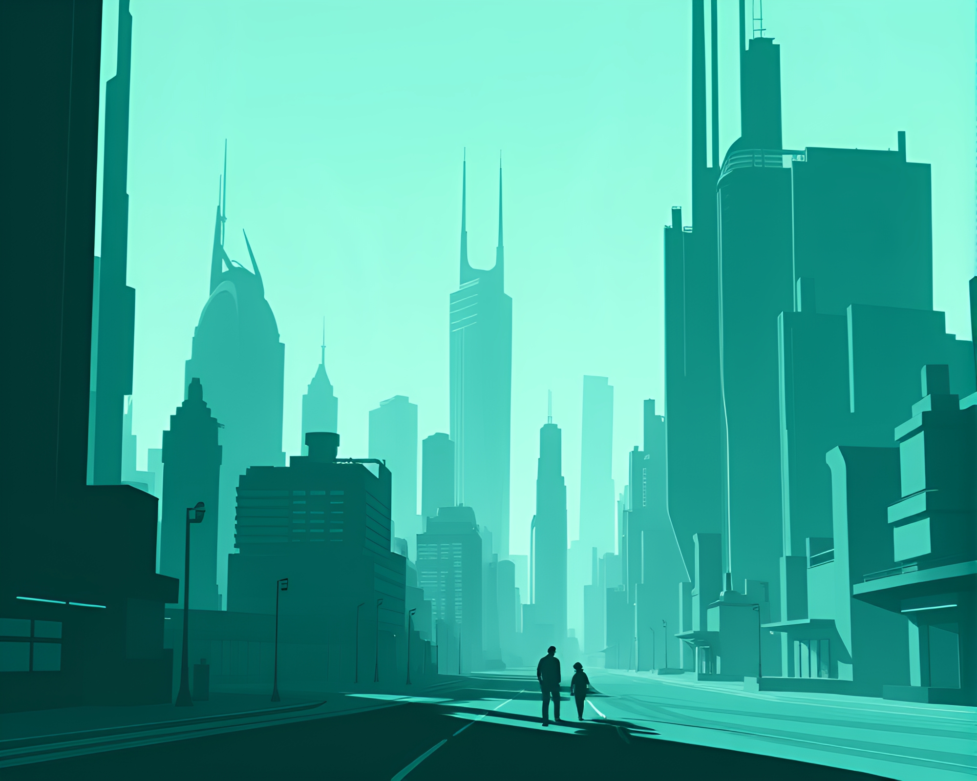 Teal Serenity: Futuristic City Shadow Silhouette – free AI stock image