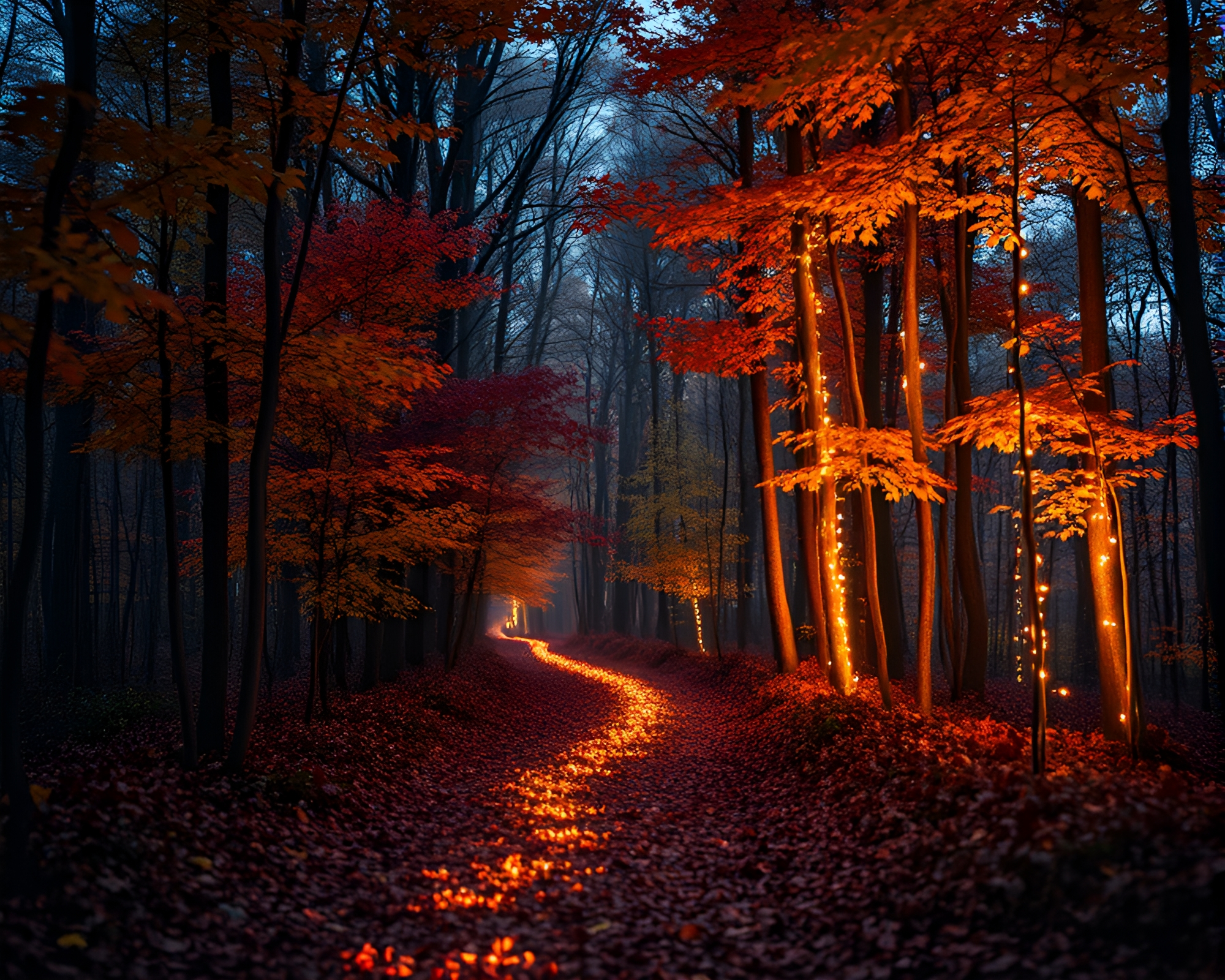 Enchanting Neon Autumn Forest Close-Up Path Tracing – free AI stock image