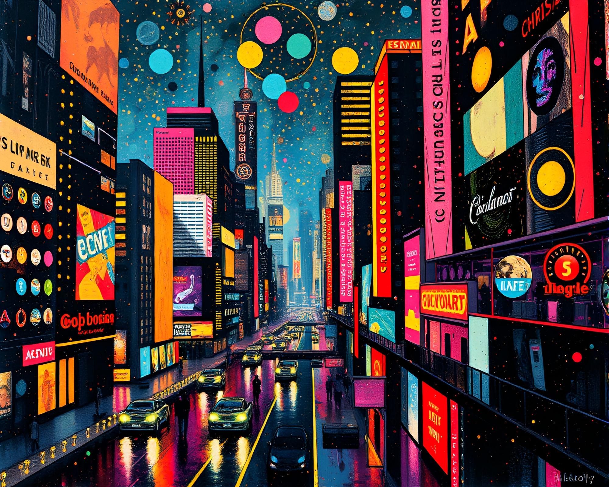Futuristic Neon Cityscape: Dadaist Pointillist Collage – free AI stock image