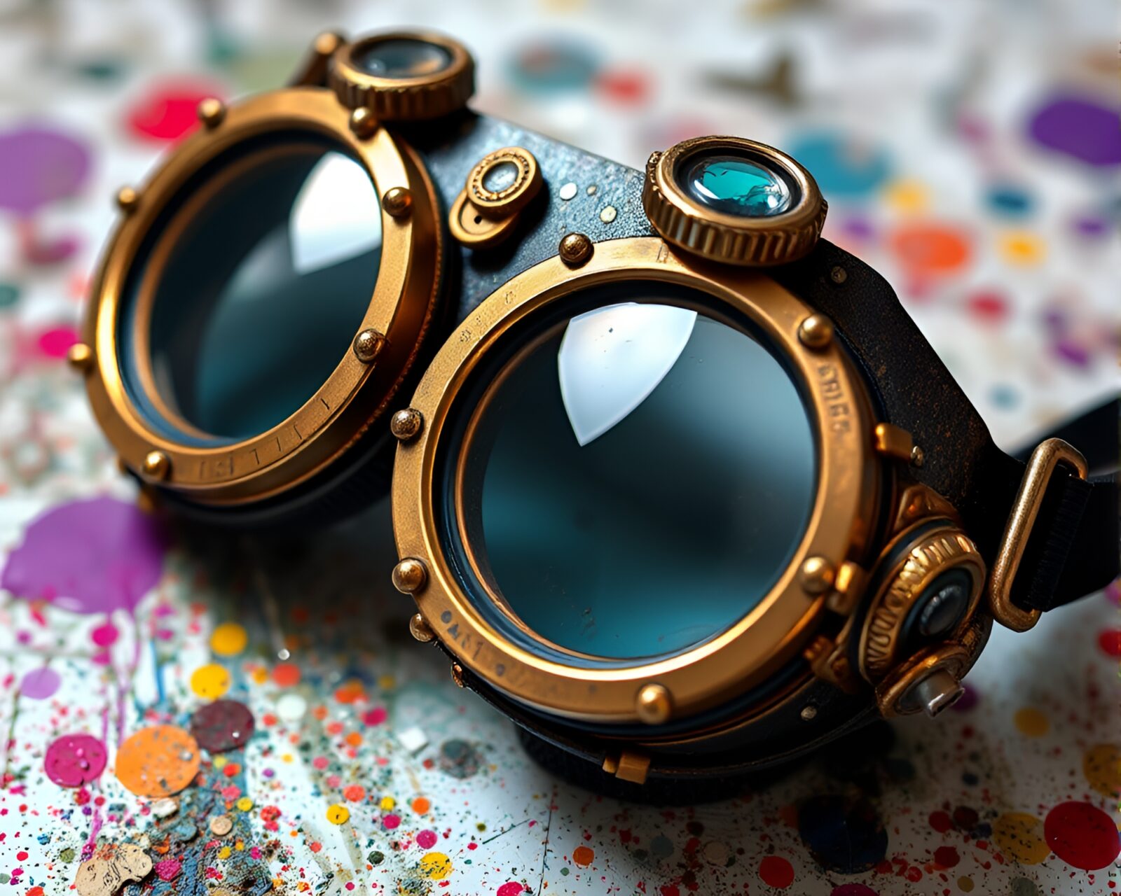 Intricate steampunk goggles with colorful beadwork accents and paint splatter design