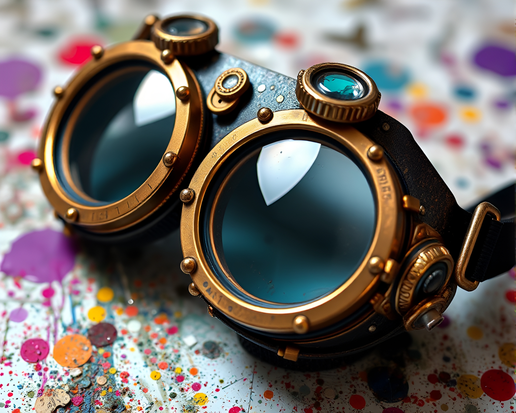 Steampunk Goggles with Beadwork Accents in Paint Splatter Palette – free AI stock image