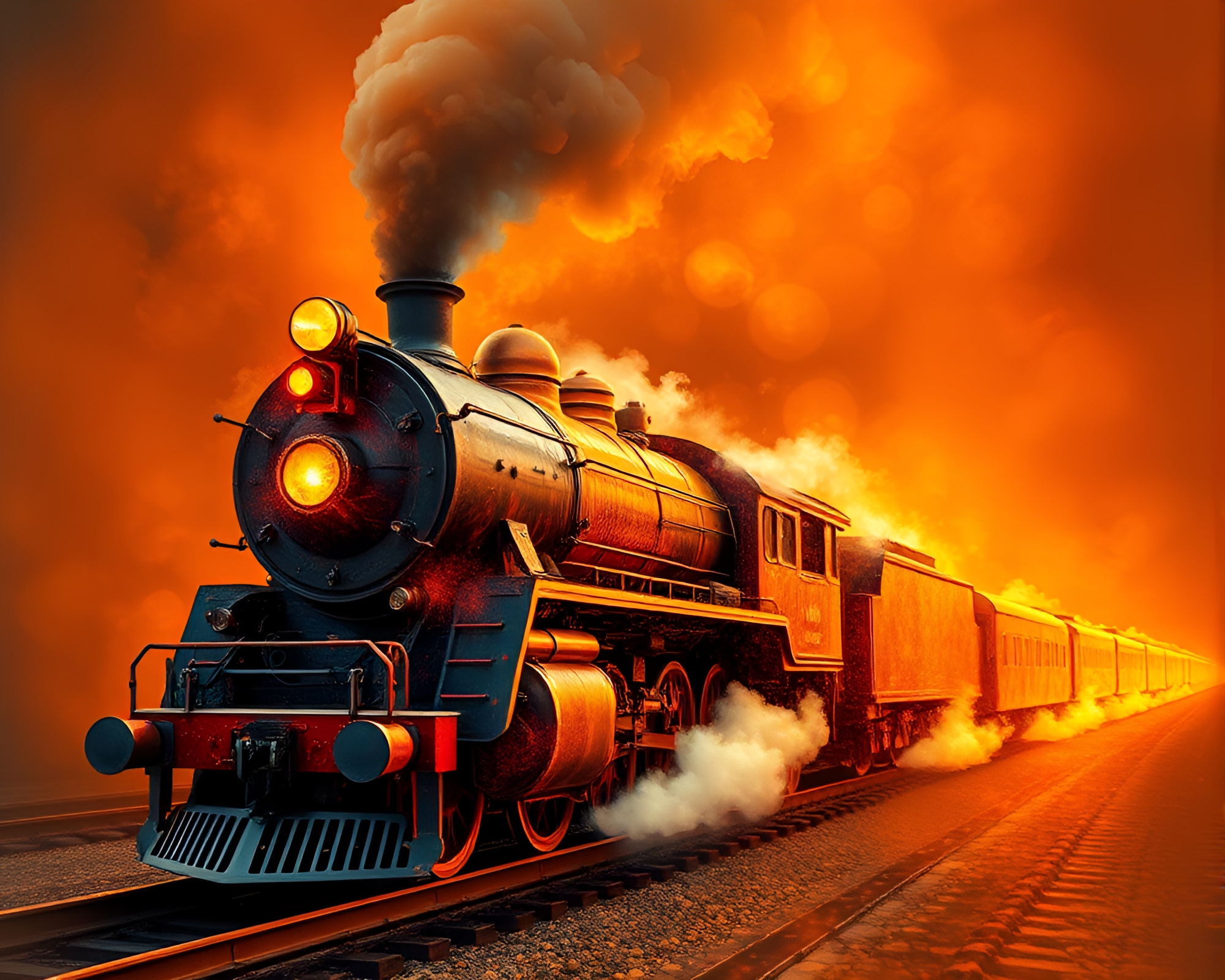 Fractal Steam Locomotive Bursting with Burnt Orange Energy – free AI stock image