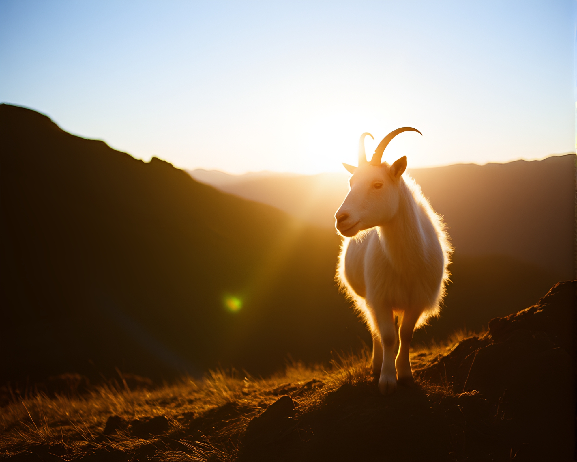 Majestic Mountain Goat in Golden Hour Glow Captured on Film – free AI stock image
