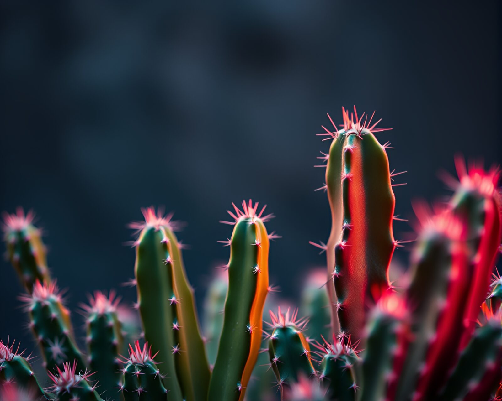 Metallic sheen neon cactus in natural frame with shallow field
