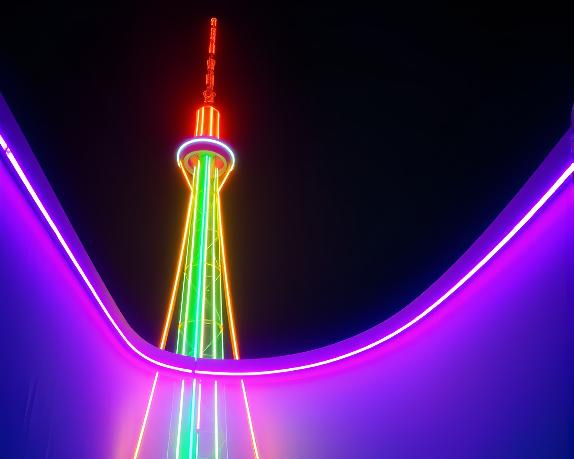 Glowing Neon Tower in Duochrome Ultraviolet Light – free AI stock image