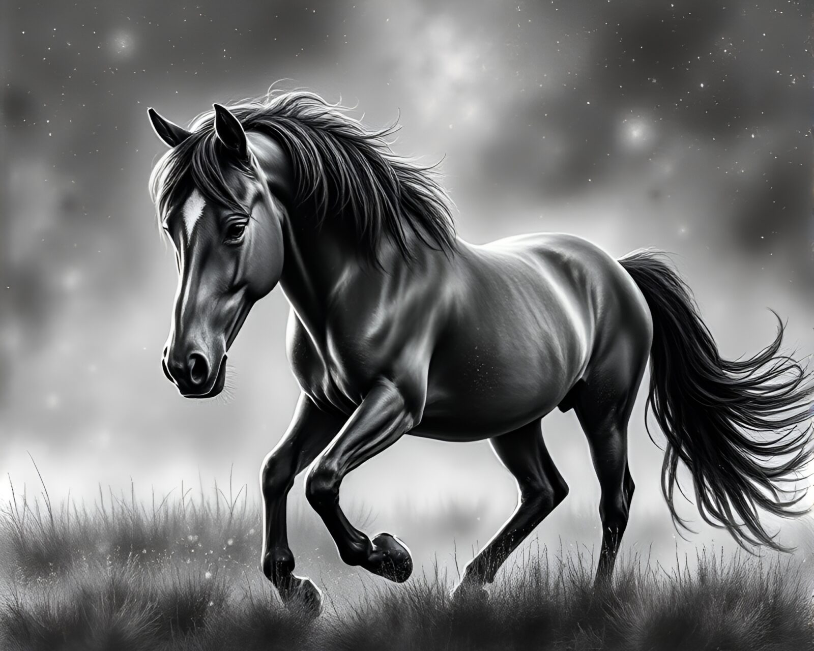 Majestic horse covered in dew drops under starry night sky