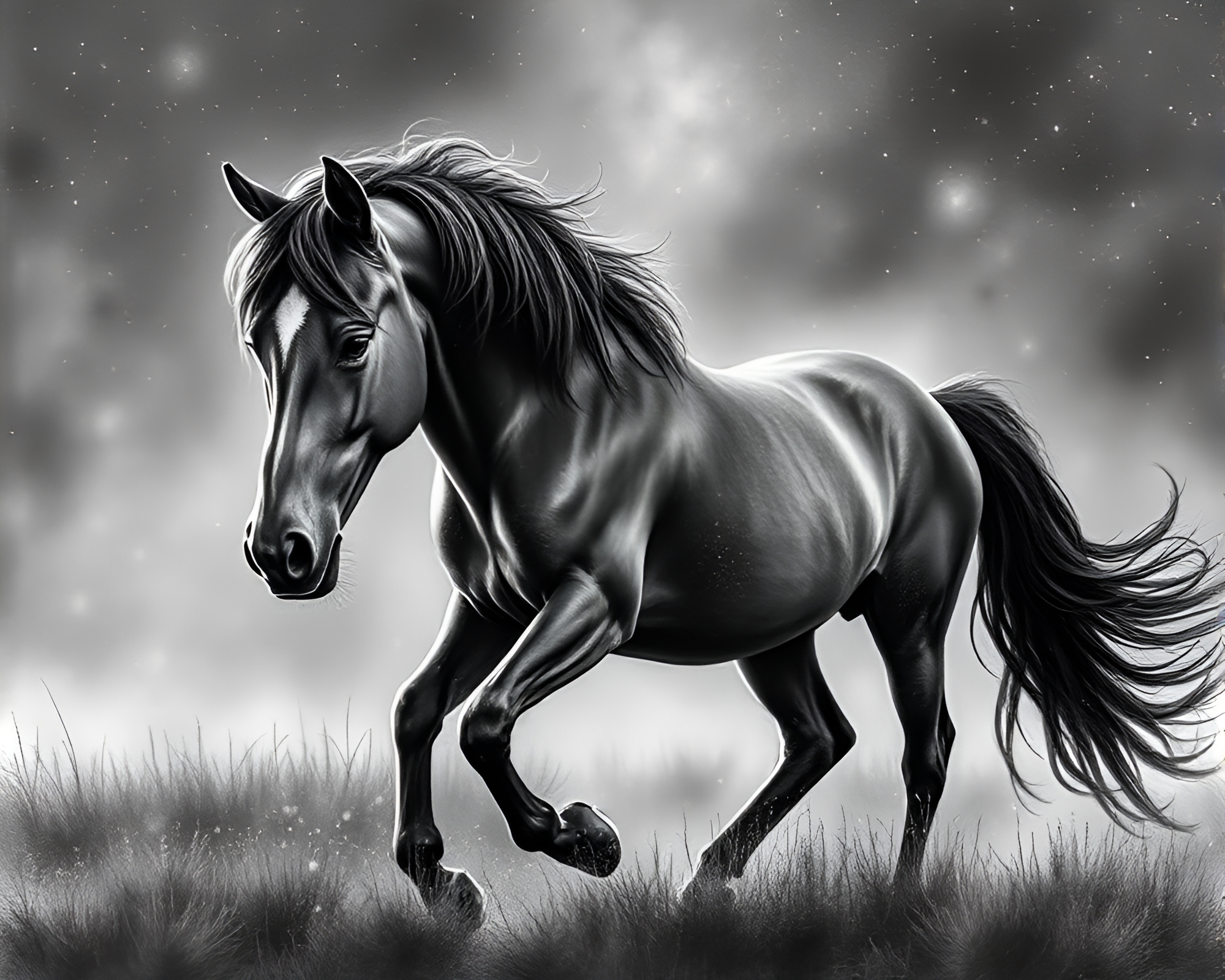 Wild Stallion in Dew Drops Under Milky Way – free AI stock image