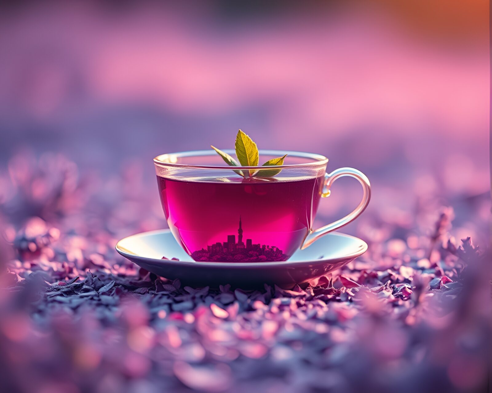 Real-time ray traced lavender-lit scene of floating tea cup amidst fallen leaves