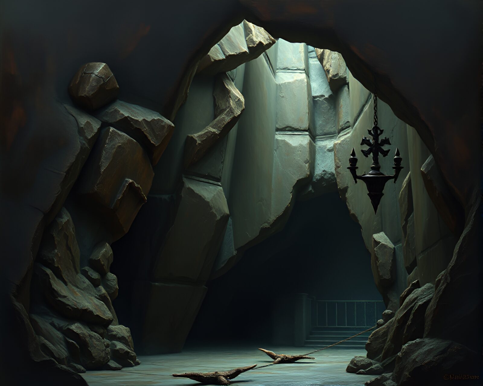 Bronze sheen envelops mystical cavern environment, matte painting style