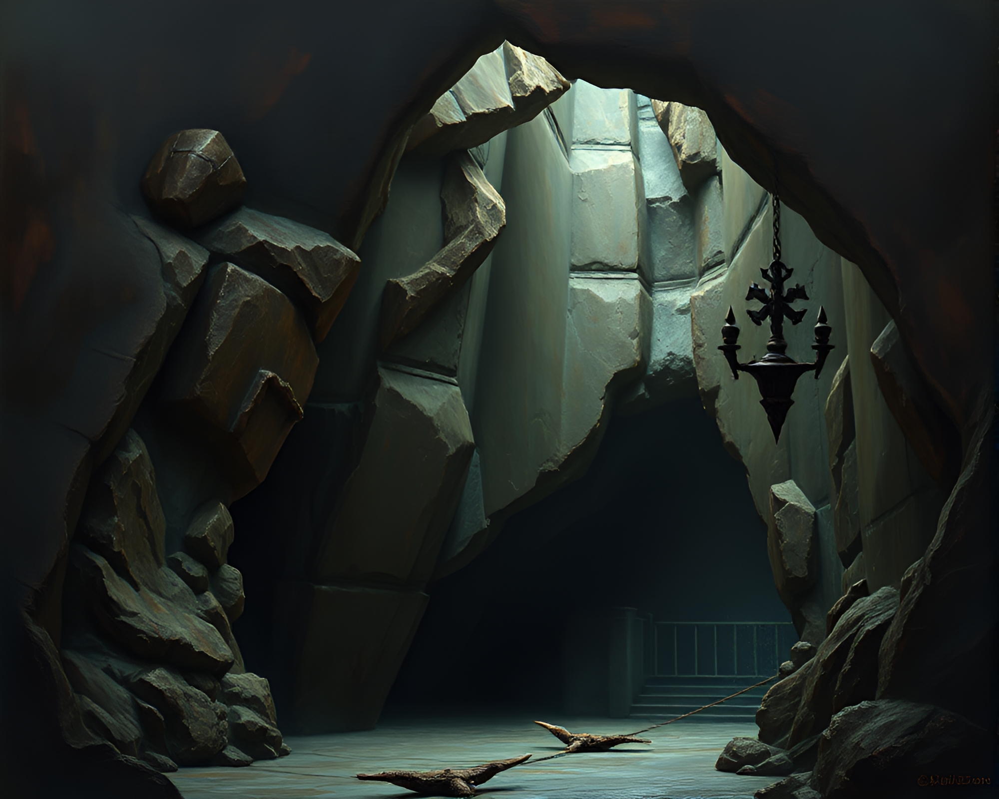 Ancient Cavern with Bronze Patina Illuminated – free AI stock image
