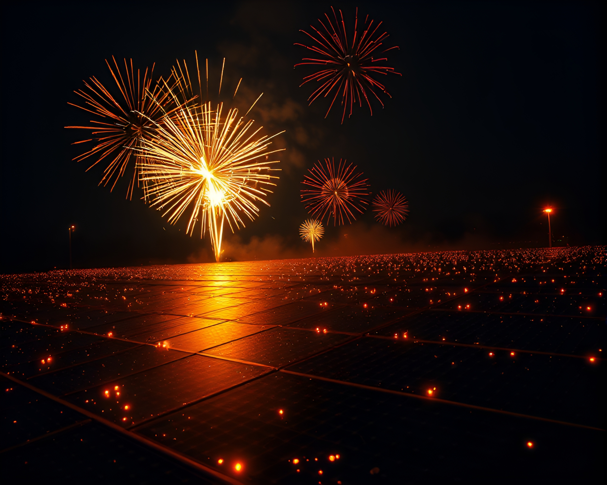 Flaming Solar Panel Array at Midnight Festival – free AI stock image
